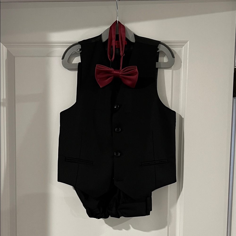 Black Vest & Pants with Maroon Bow Tie